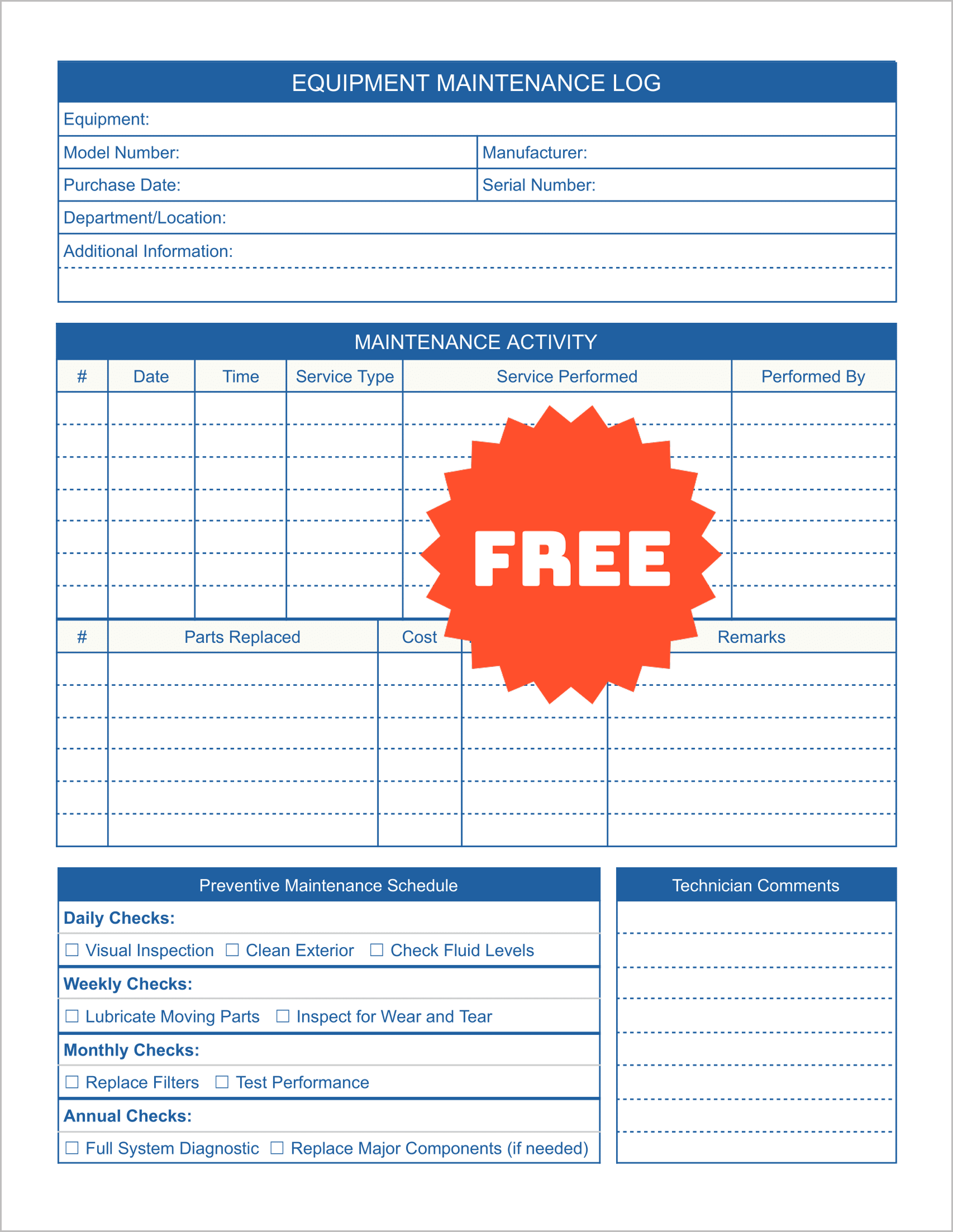 Free Printable Equipment Maintenance Log Templates