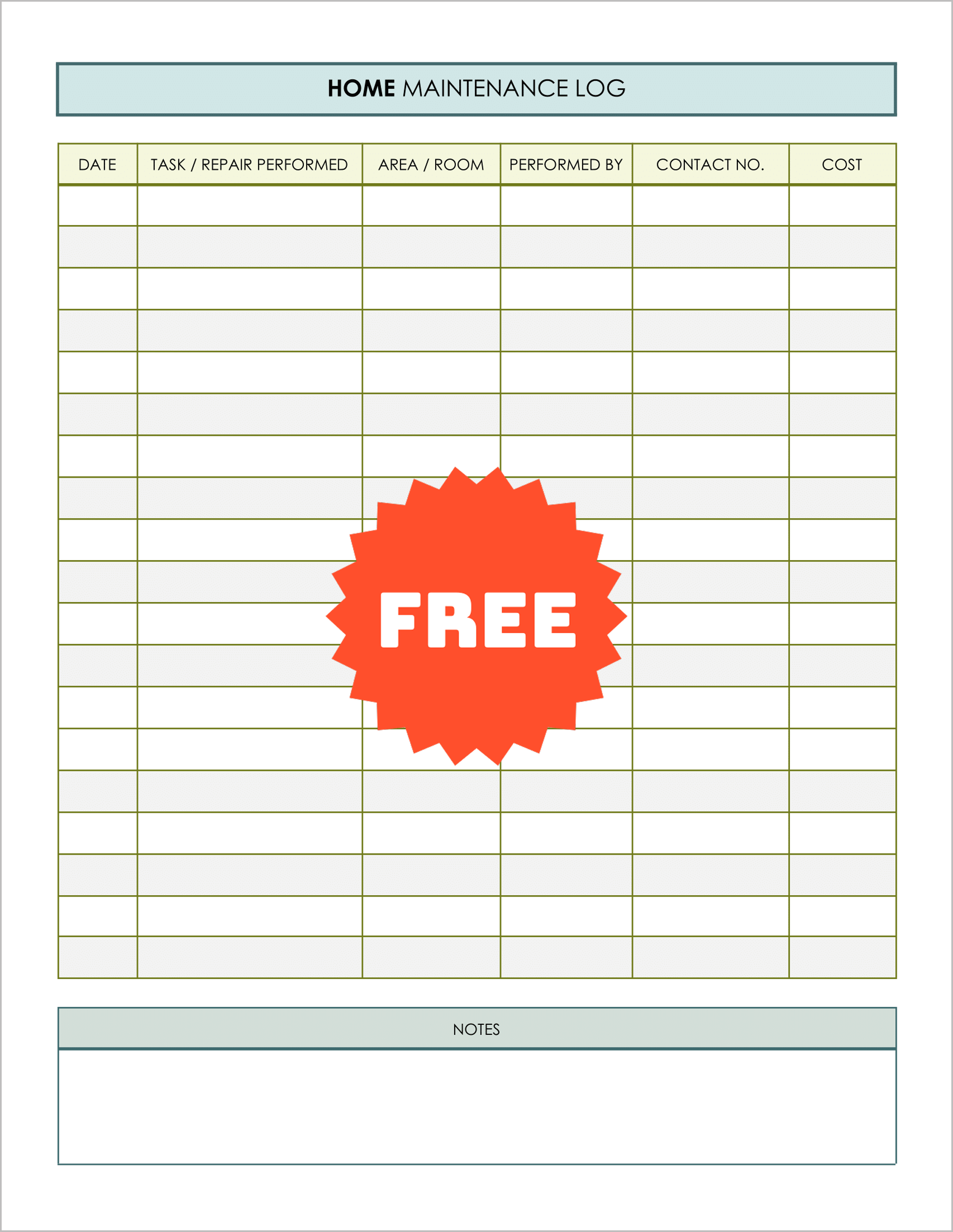 Free Printable Home Maintenance Log Templates Free Printable Home Maintenance Log Templates
