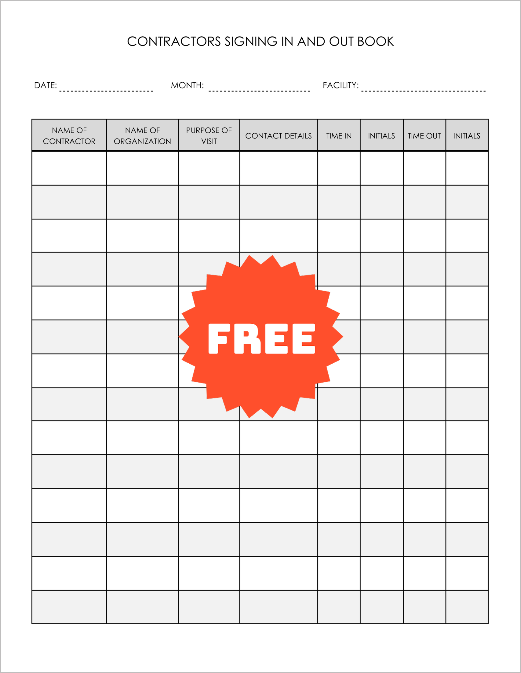 Free Printable Contractors Signing In and Out Logs