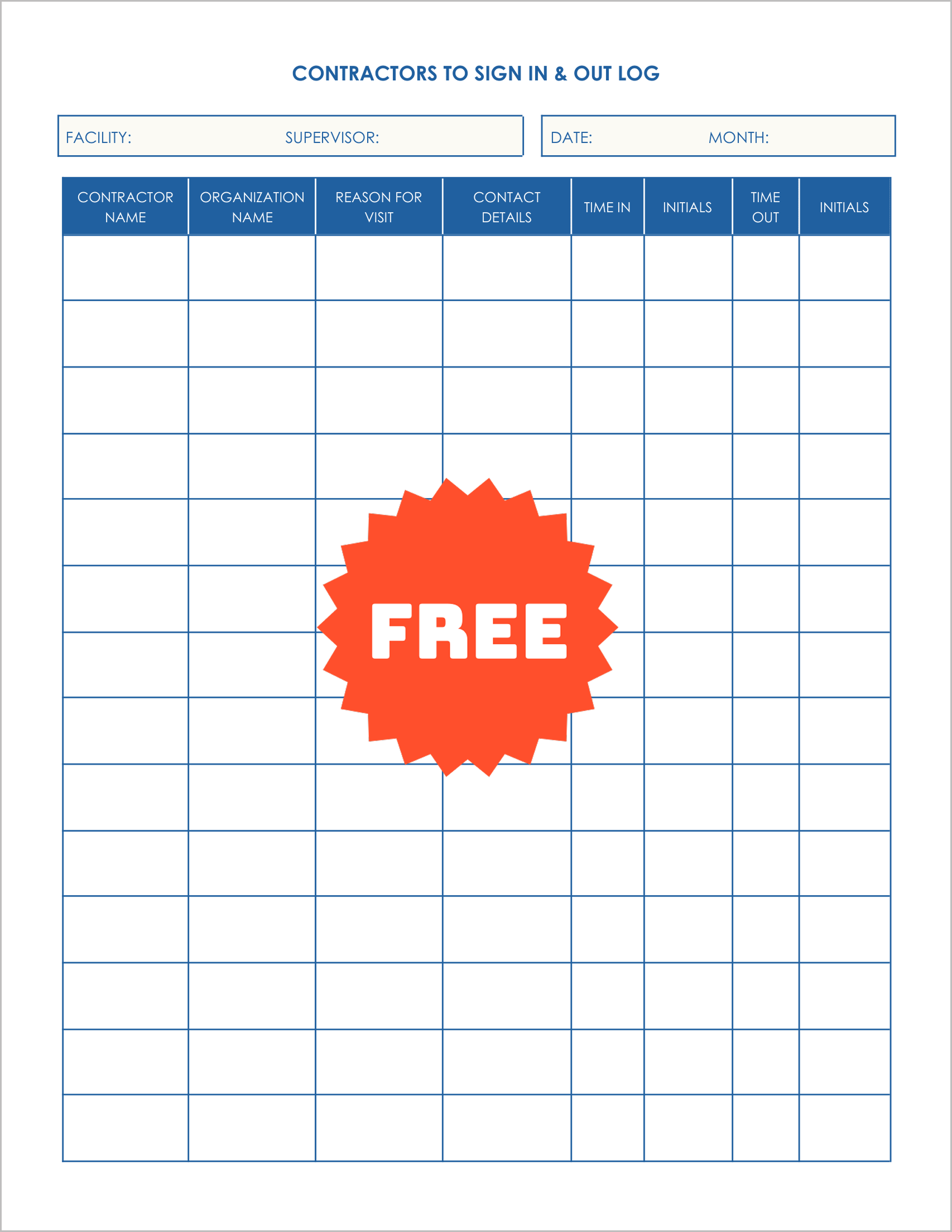 Free Printable Contractors Signing In and Out Logs