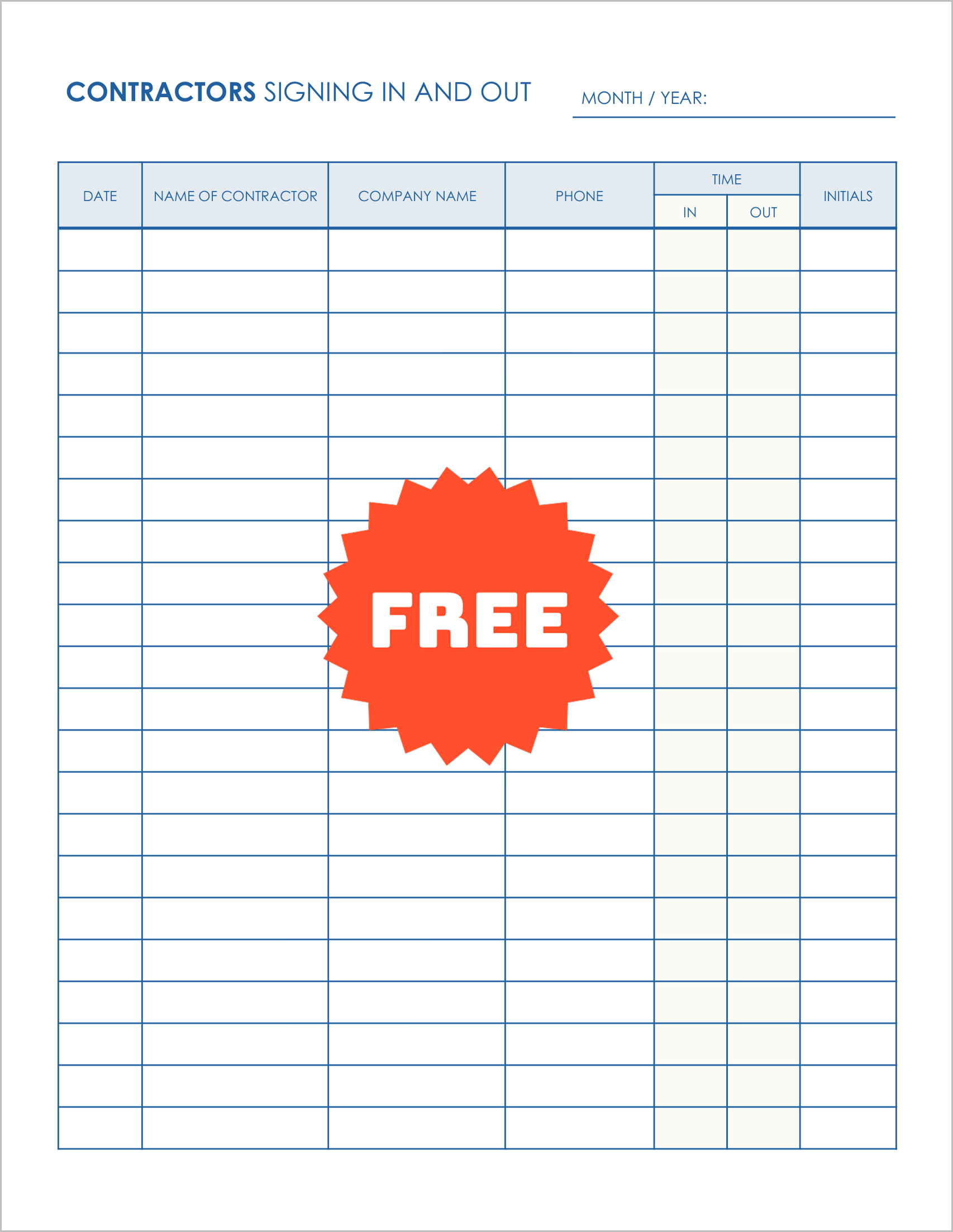 Free Printable Contractors Signing In and Out Logs