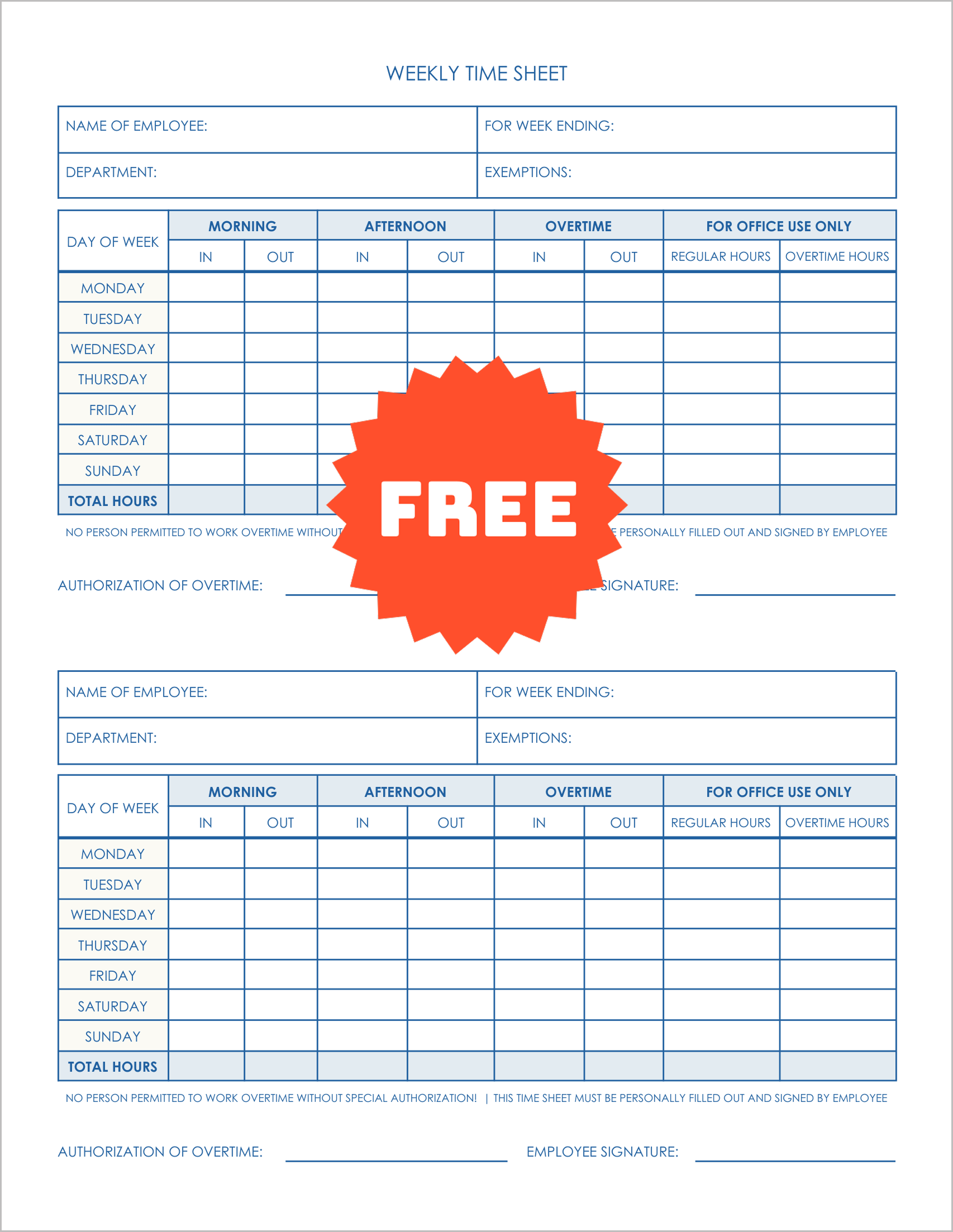 Free Printable Weekly Employee Time Sheet Logs