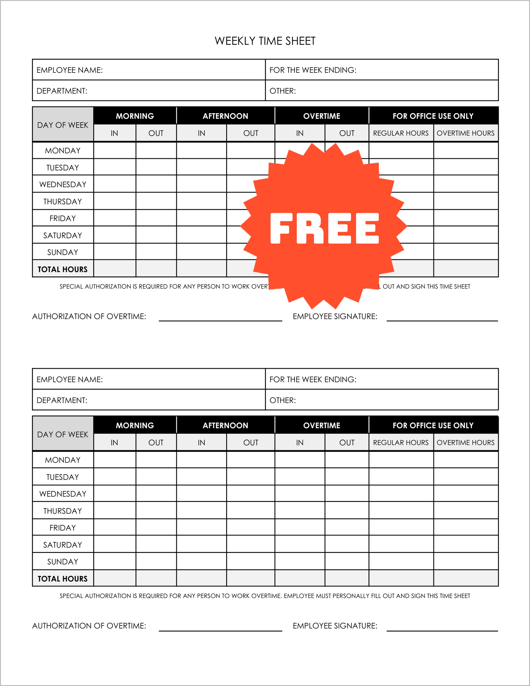 Free Printable Weekly Employee Time Sheet Logs