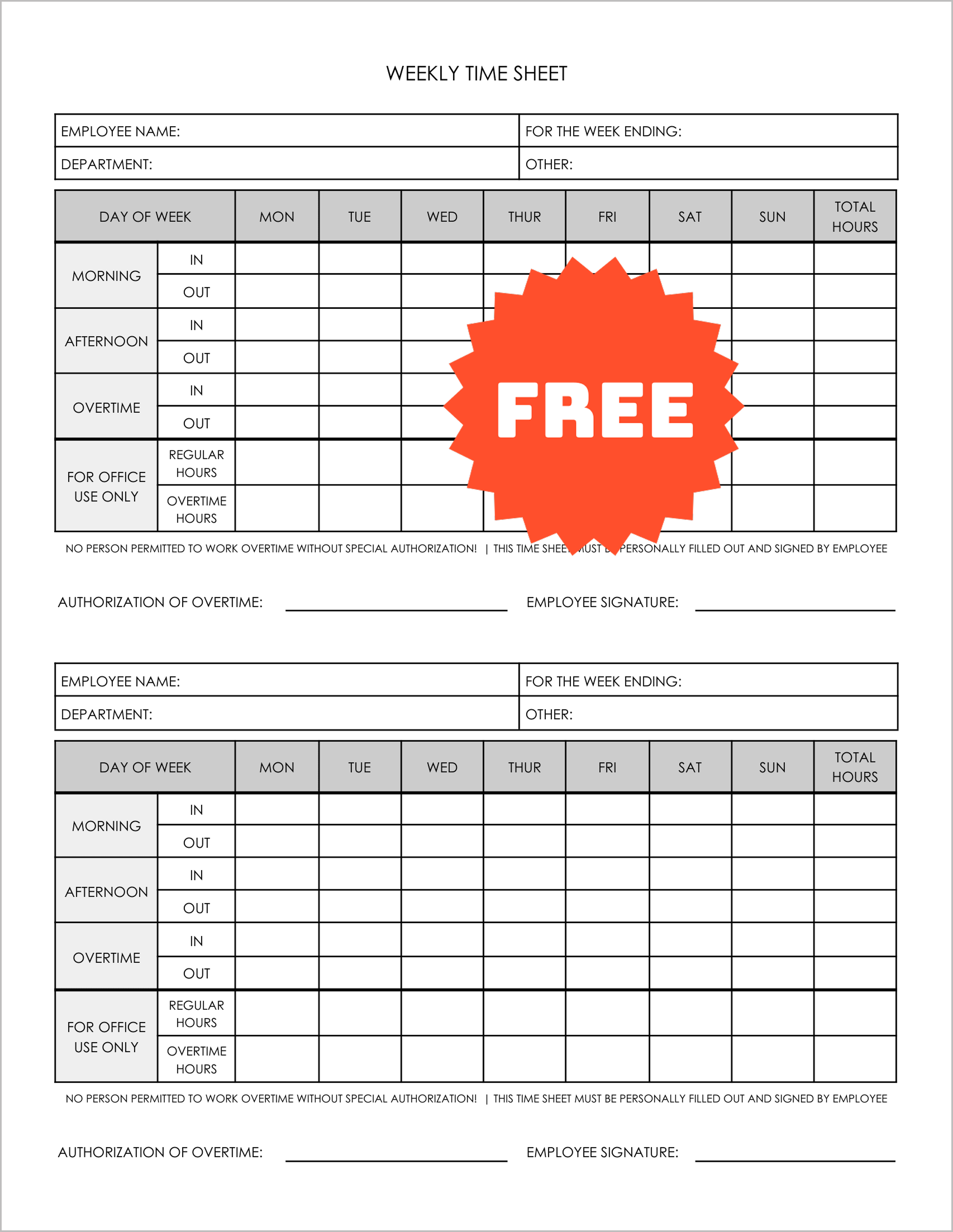 Free Printable Weekly Employee Time Sheet Logs